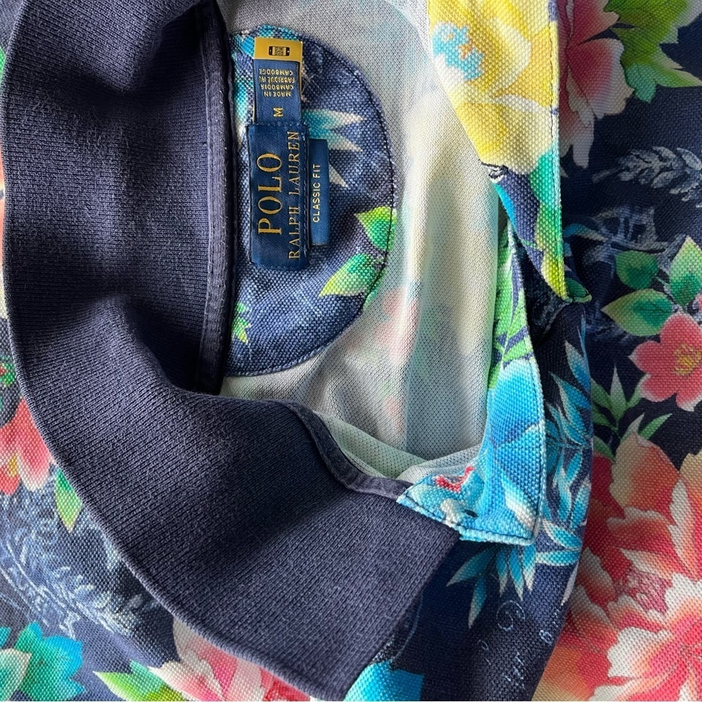 POLO RALPH LAUREN sz M Classic Fit Navy Blue Mesh Polo Shirt Floral Print - Picture 11 of 11